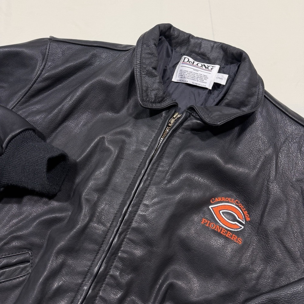 Vintage DeLong Carroll College Pioneer Jacket Mens Sz L Black Leather Bomber 90s